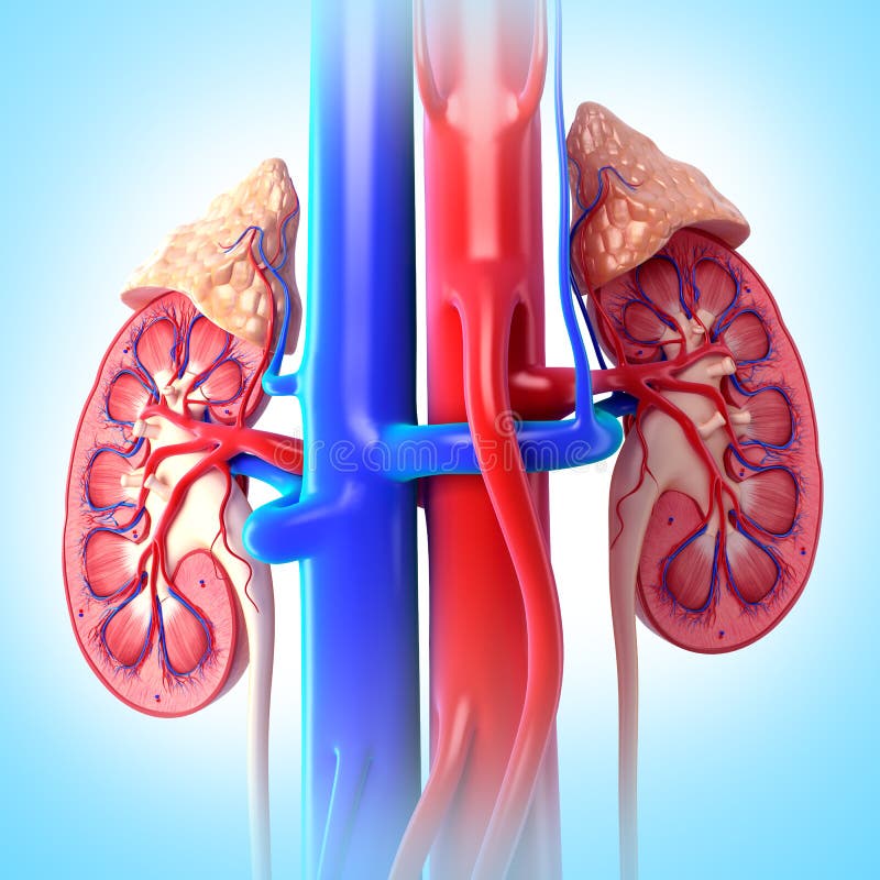 3D art illustration of anatomy of Internal structure of kidneys with adrenal gland. 3D art illustration of anatomy of Internal structure of kidneys with adrenal gland