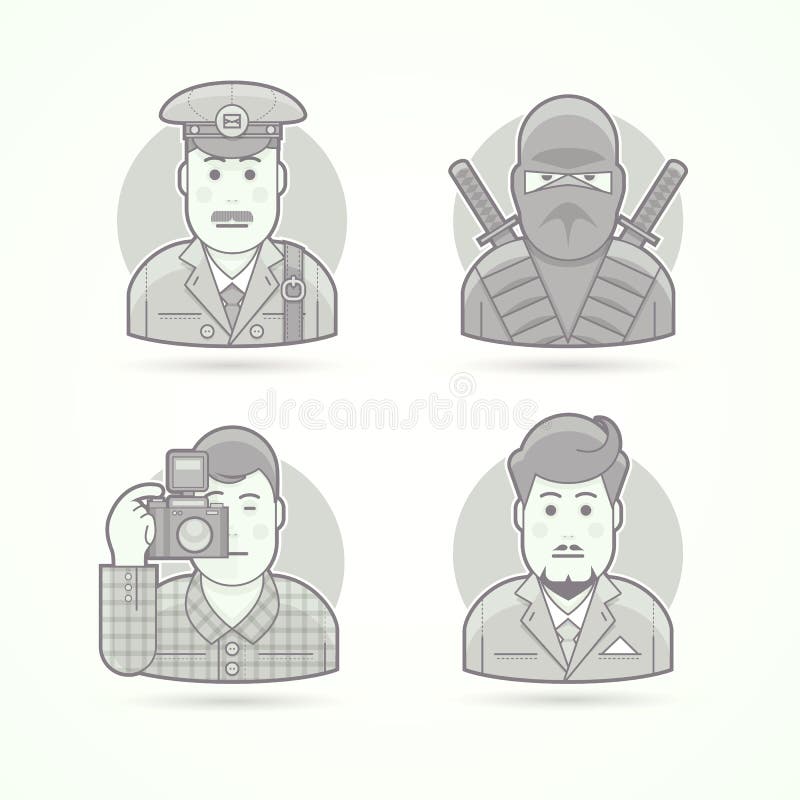 Почтальон, ратник ninja, фотограф, значки бизнесмена Комплект иллюстраций вектора портрета характера иллюстрация вектора Почтальон, ратник ninja, фотограф, значки бизнесмена Комплект иллюстраций вектора портрета характера иллюстрация вектора