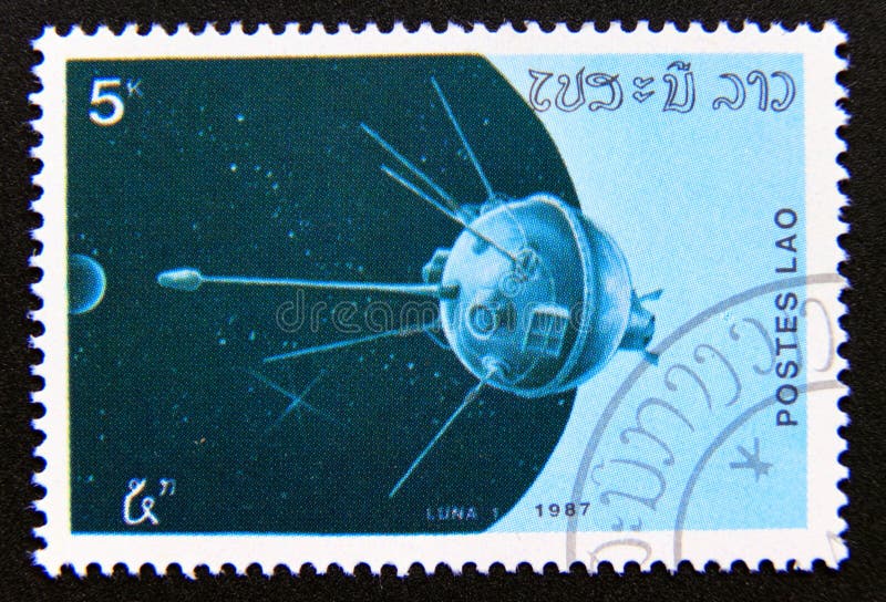 Post stamp printed in laos, 1987. Spacecraft luna one. Value 4 lao kip. From the series space. Post stamp printed in laos, 1987. Spacecraft luna one. Value 4 lao kip. From the series space.