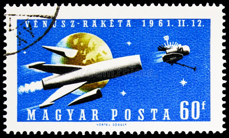 MOSCOW, RUSSIA - SEPTEMBER 27, 2019: Postage stamp printed in Hungary shows Venera 1 Separation from Booster, Launch of Rocket to Venus serie, circa 1961, collection, correspondence, heritage, historic, hobby, isolated, issue, letter, mail, old, philatelic, philately, image, postal, postmark, retro, vintage, 60, globe, outer, space, spacecraft. MOSCOW, RUSSIA - SEPTEMBER 27, 2019: Postage stamp printed in Hungary shows Venera 1 Separation from Booster, Launch of Rocket to Venus serie, circa 1961, collection, correspondence, heritage, historic, hobby, isolated, issue, letter, mail, old, philatelic, philately, image, postal, postmark, retro, vintage, 60, globe, outer, space, spacecraft