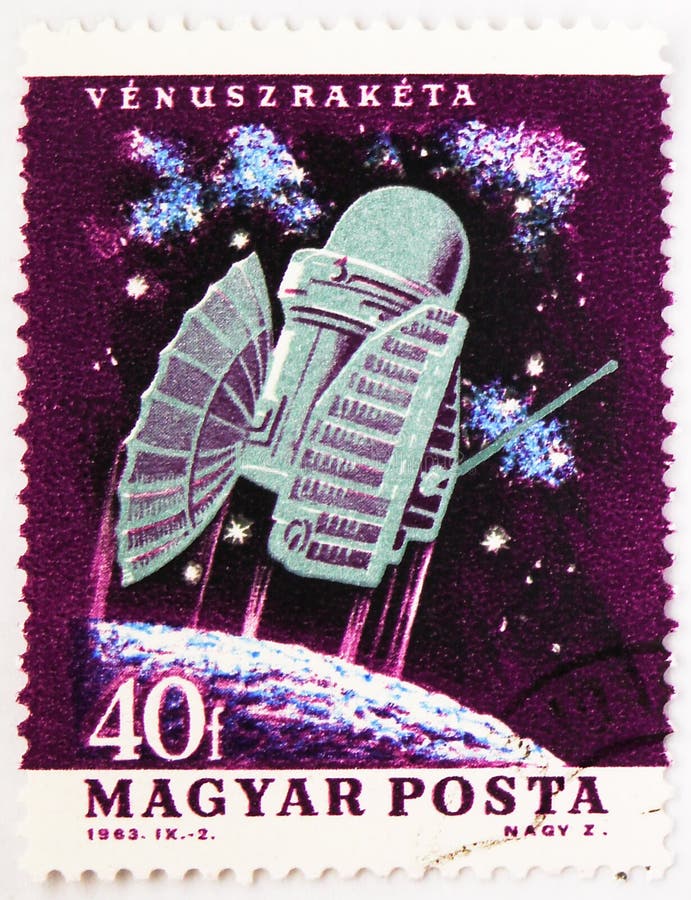 MOSCOW, RUSSIA - SEPTEMBER 30, 2019: Postage stamp printed in Hungary shows Venera 1 Spacecraft, Space Research serie, circa 1964. MOSCOW, RUSSIA - SEPTEMBER 30, 2019: Postage stamp printed in Hungary shows Venera 1 Spacecraft, Space Research serie, circa 1964