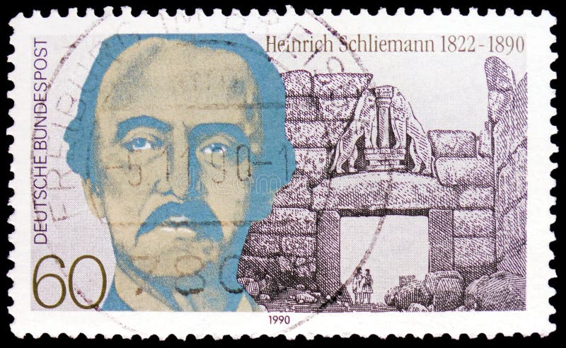 MOSCOW, RUSSIA - AUGUST 4, 2021: Postage stamp printed in Germany shows Heinrich Schliemann archaeologist and Lion Gate, Mycenae, serie, circa 1990. MOSCOW, RUSSIA - AUGUST 4, 2021: Postage stamp printed in Germany shows Heinrich Schliemann archaeologist and Lion Gate, Mycenae, serie, circa 1990