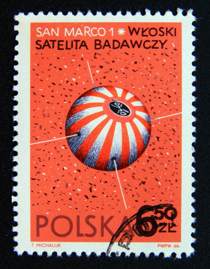 Post stamp printed in poland, 1966. San marco one italian spacecraft. Value 6.50 polish złoty. From the series spacecraft. Post stamp printed in poland, 1966. San marco one italian spacecraft. Value 6.50 polish złoty. From the series spacecraft.