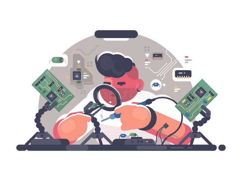 Man solder iron electric board. Diagnostics and repair. illustration. Man solder iron electric board. Diagnostics and repair. illustration