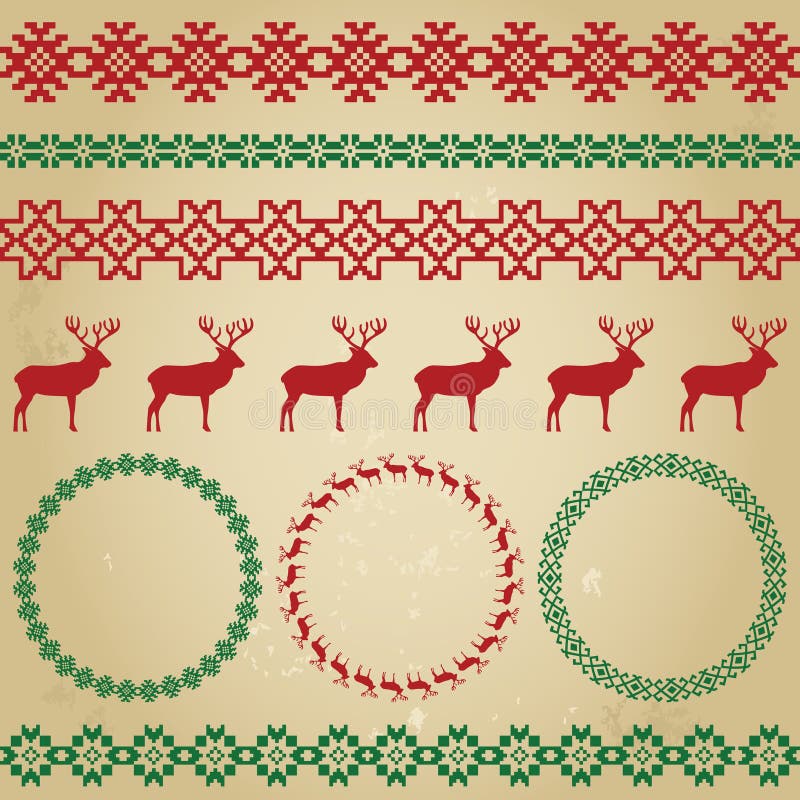 Winter colourful holiday set on beige grunge background. Deer and snowflake, nordic round holiday decoration patterns. Could be used for web, cards, decorations, etc. Vector illustration. Winter colourful holiday set on beige grunge background. Deer and snowflake, nordic round holiday decoration patterns. Could be used for web, cards, decorations, etc. Vector illustration