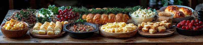 Праздничная еда, разбросанная с разнообразными гарнирами хлеба и фруктов иллюстрация вектора