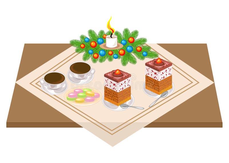 Праздничная таблица Очень вкусный торт и чай, coffe Букет рождества от рождественской елки и свечи дает романтичное настроение r иллюстрация вектора Праздничная таблица Очень вкусный торт и чай, coffe Букет рождества от рождественской елки и свечи дает романтичное настроение r иллюстрация вектора