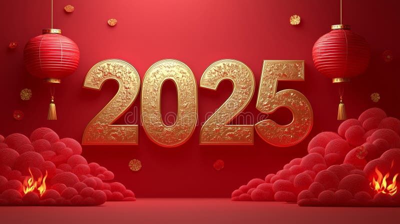 праздничное празднование 2025 года с красными фонарями и золотыми акцентами бесплатная иллюстрация
