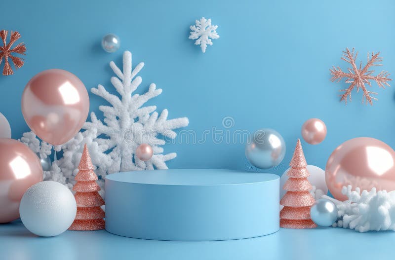 праздничный 3d-рендер подиума, окруженного розовыми и голубыми шариками, белые снежинки и декоративные деревья на ярком иллюстрация вектора