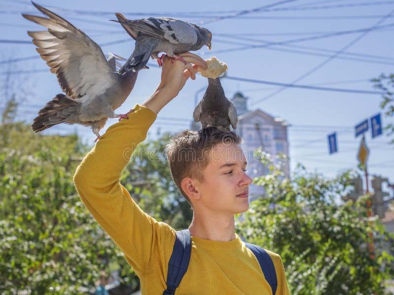 Предназначенный для подростков мальчик подает голуби на улице города стоковое изображение Предназначенный для подростков мальчик подает голуби на улице города стоковое изображение
