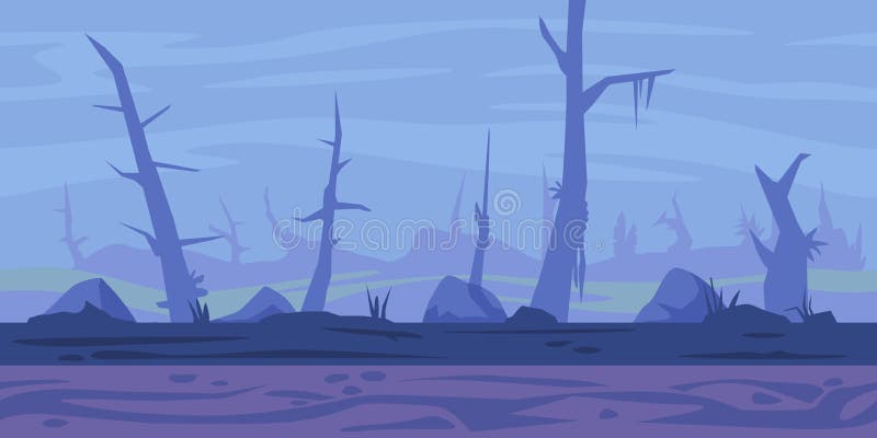 Dark swamp game background landscape, tileable horizontally, dead trees in fog with stones and plants. Dark swamp game background landscape, tileable horizontally, dead trees in fog with stones and plants