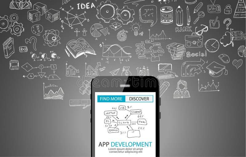 Предпосылка концепции развития App с стилем дизайна Doodle иллюстрация вектора