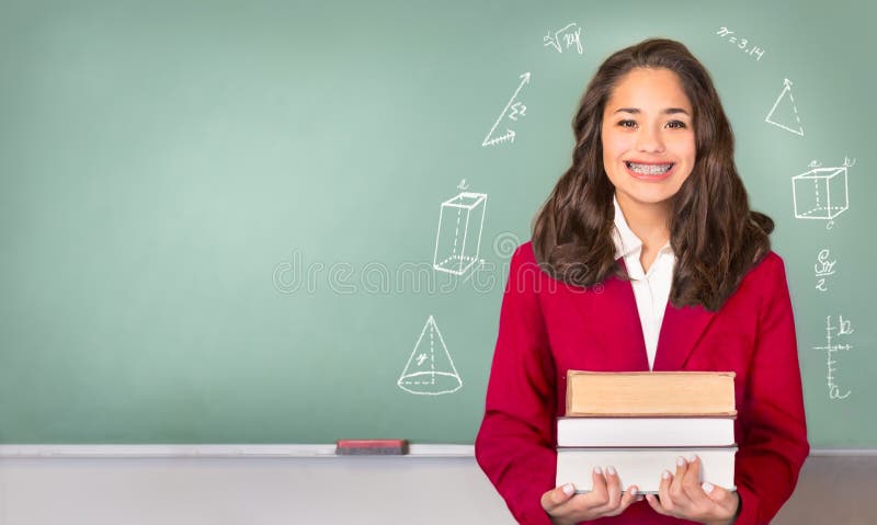 College Bound. Pretty ethnic or Hispanic teen with braces, wearing a red school uniform blazer in front of green chalkboard. Isolated on blackboard with copy space. College Bound. Pretty ethnic or Hispanic teen with braces, wearing a red school uniform blazer in front of green chalkboard. Isolated on blackboard with copy space.