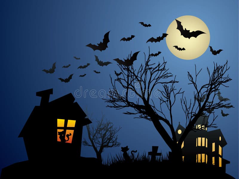 Предпосылка Halloween с ой домом, летучими мышами и иллюстрация вектора