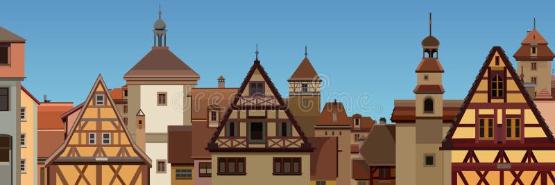 Предпосылка вычерченного европейского города с половинными timbered домами иллюстрация штока