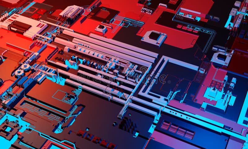 Предпосылка платы с печатным монтажом PCB конспекта высокотехнологичная электронная в голубом и красном цвете иллюстрация 3d стоковое изображение rf