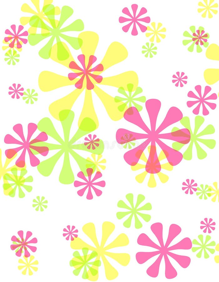 A background pattern featuring an assortment of retro-syle spring coloured flowers with opacity on white. A background pattern featuring an assortment of retro-syle spring coloured flowers with opacity on white