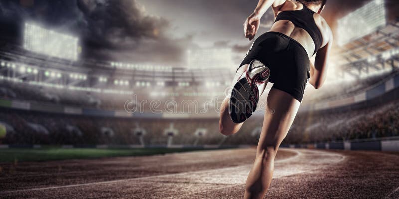 Предпосылки спорта Футбольный стадион и идущий след 3d представляют стоковые фотографии rf