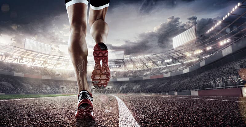 Предпосылки спорта Футбольный стадион и идущий след 3d представляют стоковое изображение