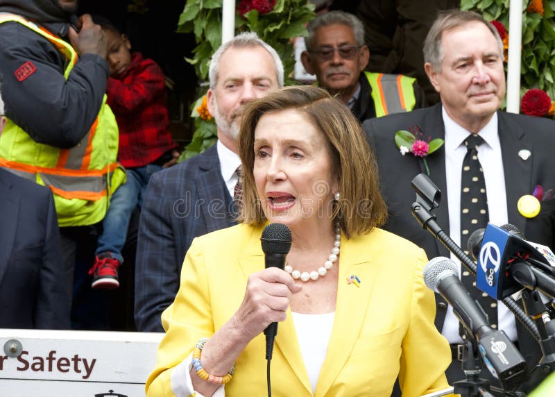 San Francisco, CA - Aug 2, 2023: Representative Nancy Pelosi, former speaker of the house, speaking at the 150th celebration of the First Cable Car Ride in the city. San Francisco, CA - Aug 2, 2023: Representative Nancy Pelosi, former speaker of the house, speaking at the 150th celebration of the First Cable Car Ride in the city