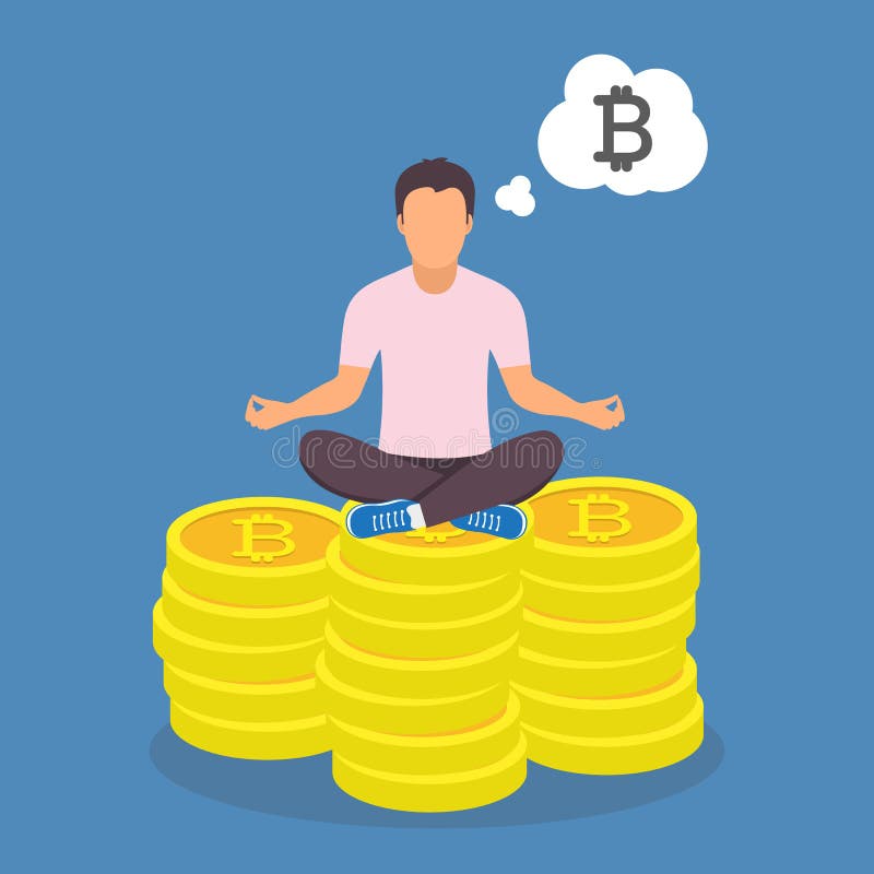 Представление лотоса йоги человека сидя на Bitcoins иллюстрация вектора