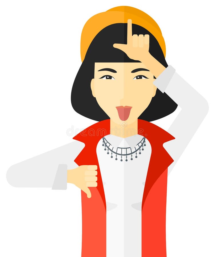 Contemptuous woman sticking out her tongue and showing thumb down sign vector flat design illustration on white background. Contemptuous woman sticking out her tongue and showing thumb down sign vector flat design illustration on white background.