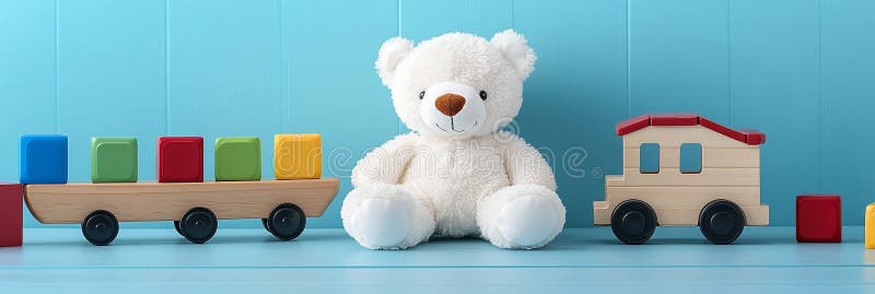 Прекрасный медведь Тедди с деревянными игрушками на синем фоне стоковые изображения