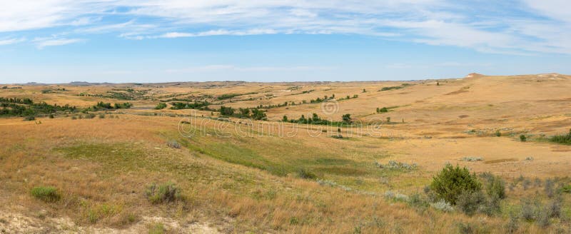 Wide open prairie and grass in the American midwest of North Dakota. American and the United States is a popular travel destination for people on vacation or holiday. Image is a landscape banner, panoramic, or panorama. Wide open prairie and grass in the American midwest of North Dakota. American and the United States is a popular travel destination for people on vacation or holiday. Image is a landscape banner, panoramic, or panorama.