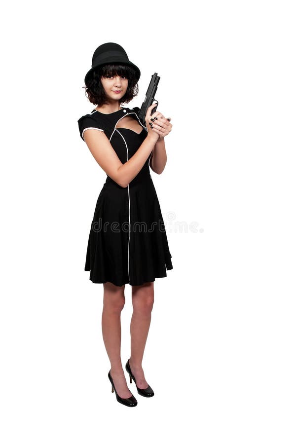 Beautiful young woman criminal with a gun. Beautiful young woman criminal with a gun