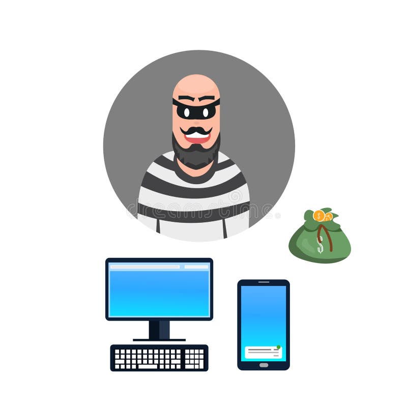 Преступник разбойника мультфильма похитителя через компьютер и мобильную иллюстрацию иллюстрация штока