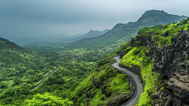Привязка Горная дорога через пышные зеленые ландшафта Scenic Drive Aerial View AI. бесплатная иллюстрация