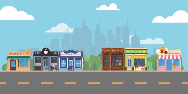 Shops and venues on suburban main street vector illustration. Shops and venues on suburban main street vector illustration