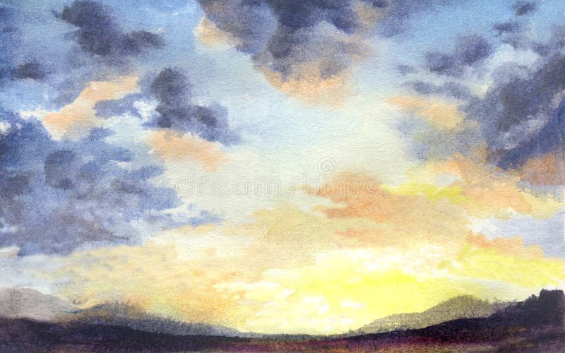 Пример с облаками sunset акварели.. На фоне природы краски руки стоковая фотография