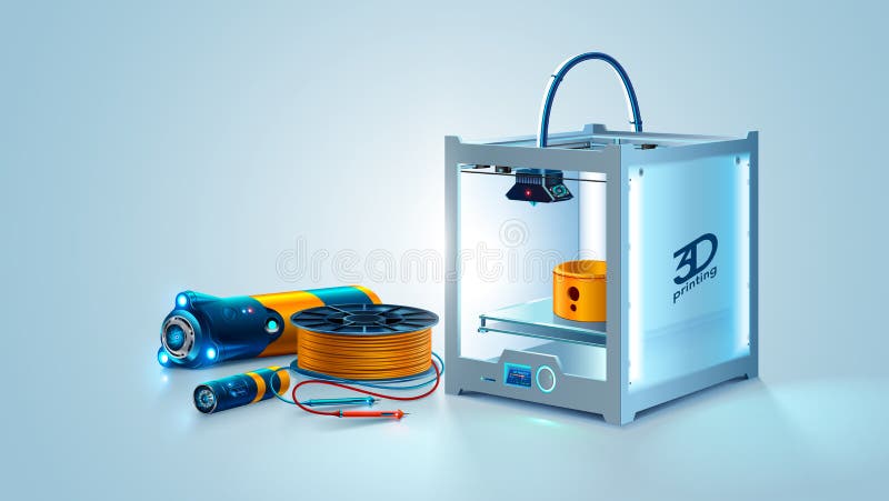 принтер 3D Изготовляя объект прототипа на принтере 3d Пластмасса нити Инструменты разработки рабочих чертежей иллюстрация штока принтер 3D Изготовляя объект прототипа на принтере 3d Пластмасса нити Инструменты разработки рабочих чертежей иллюстрация штока