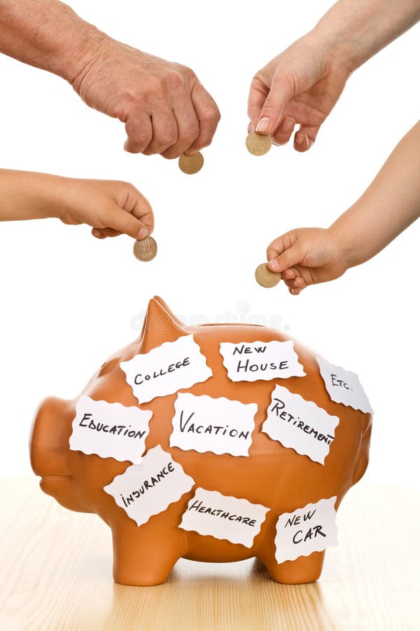 Hands of different generations putting coins into a piggy bank labeled with goals, isolated - home finances. Hands of different generations putting coins into a piggy bank labeled with goals, isolated - home finances