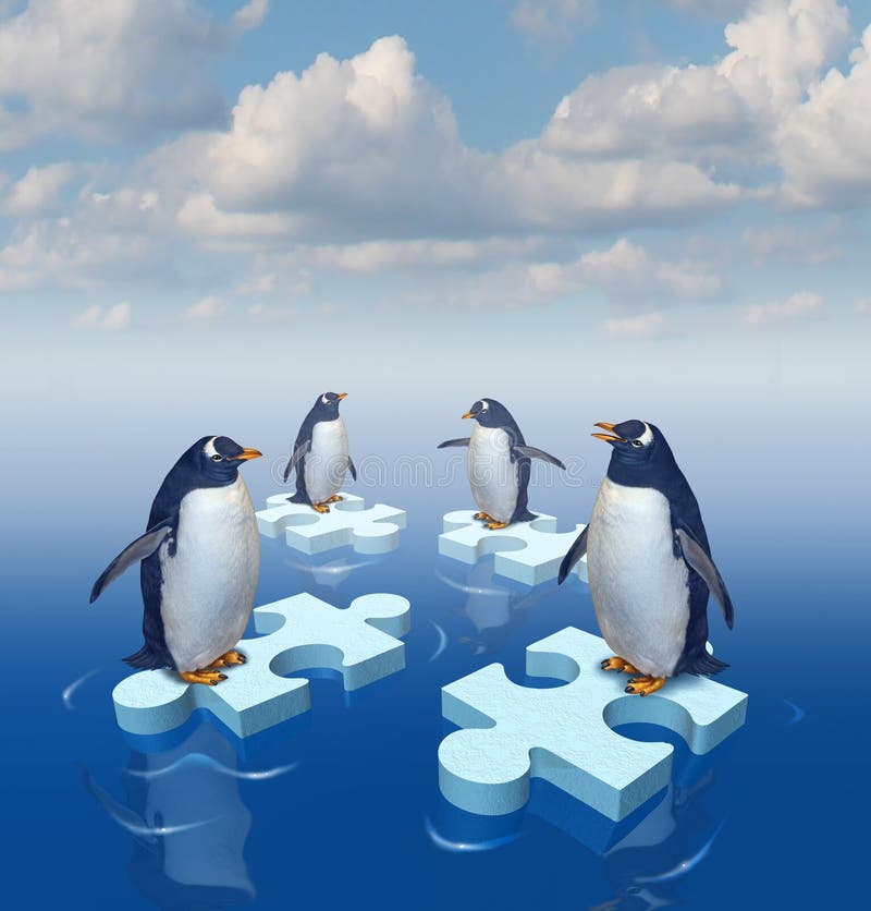 Coming together with common purpose to assemble a team partnership to form a strong group with four penguins merging floating chunks of ice in the shape of puzzle pieces as insurance. Coming together with common purpose to assemble a team partnership to form a strong group with four penguins merging floating chunks of ice in the shape of puzzle pieces as insurance..