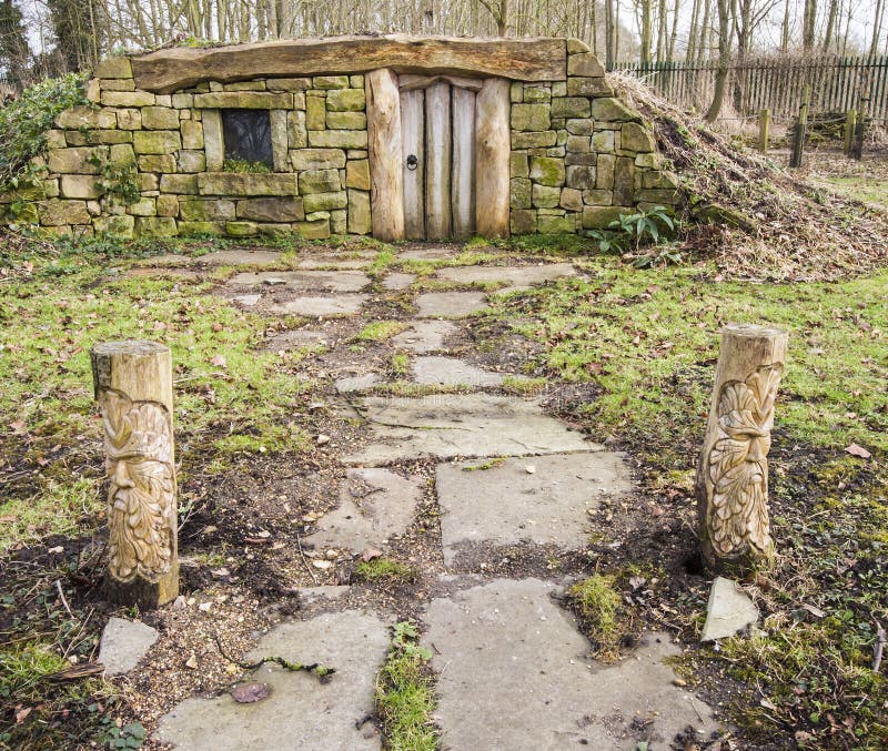 Hobbit Home in the woods with outdoor cooking facilities at Burnby Gardens, Pocklington, Yorkshire, England. Hobbit Home in the woods with outdoor cooking facilities at Burnby Gardens, Pocklington, Yorkshire, England