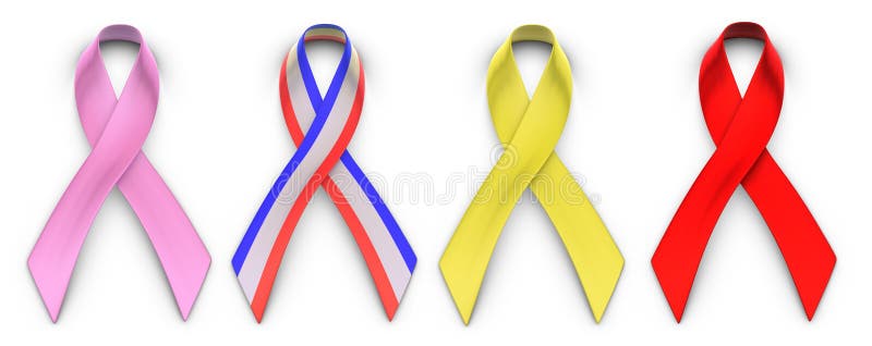Four advocacy ribbons on a white background with clipping paths representing breast cancer research, support for the military, AIDS research and homecoming for troops. Four advocacy ribbons on a white background with clipping paths representing breast cancer research, support for the military, AIDS research and homecoming for troops