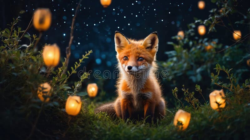 Приятный набор Red Fox в очарованном лесу ночью иллюстрация вектора