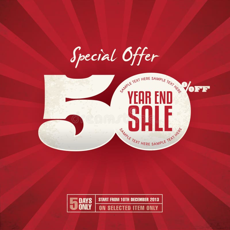 Year End Sale 50% Off Poster with red background. Year End Sale 50% Off Poster with red background