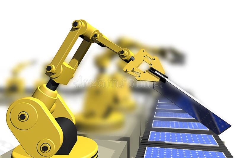 An illustration of a yellow robot arm with a gripper producing solar panels. An illustration of a yellow robot arm with a gripper producing solar panels