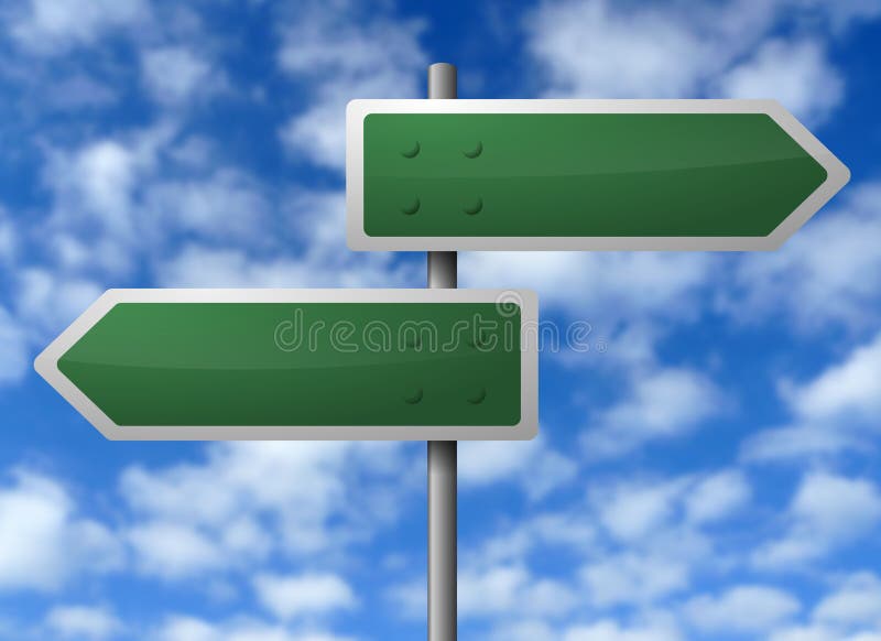 Two blank street signs with directional arrows in front of a cloudy sky. Two blank street signs with directional arrows in front of a cloudy sky.