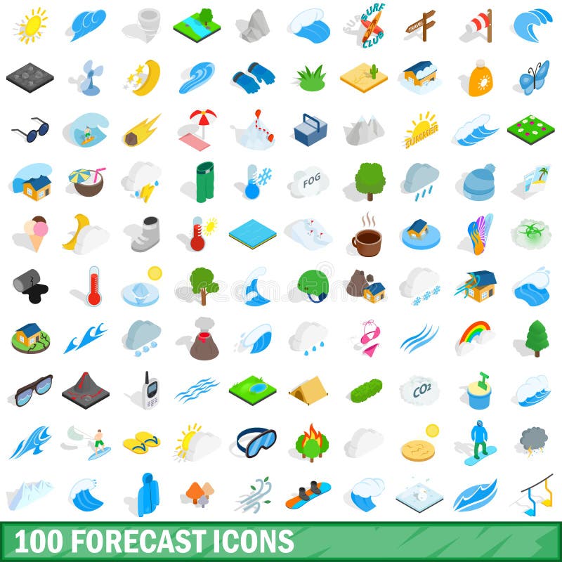 100 forecast icons set in isometric 3d style for any design vector illustration. 100 forecast icons set in isometric 3d style for any design vector illustration