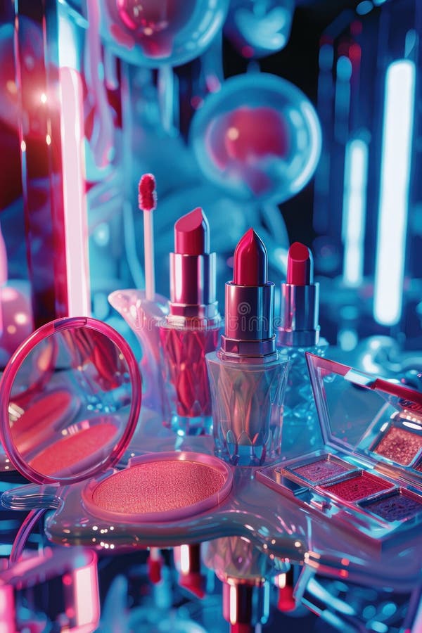 Beauty product photography, lipsticks and blush on a mirrored surface with blue and pink neon lights reflecting. Beauty product photography, lipsticks and blush on a mirrored surface with blue and pink neon lights reflecting