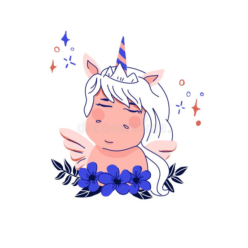 Cute magic Unicorns on a floral background. Vector hand drawing illustration royalty free illustration