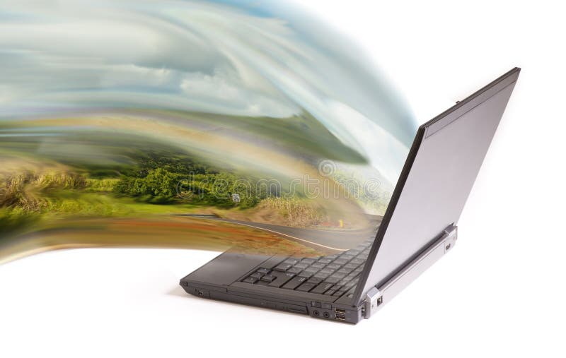 Side view or open laptop computer projecting countryside landscape isolated on white background. Side view or open laptop computer projecting countryside landscape isolated on white background.