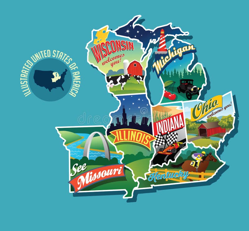 Проиллюстрированная наглядная карта Midwest Соединенных Штатов бесплатная иллюстрация