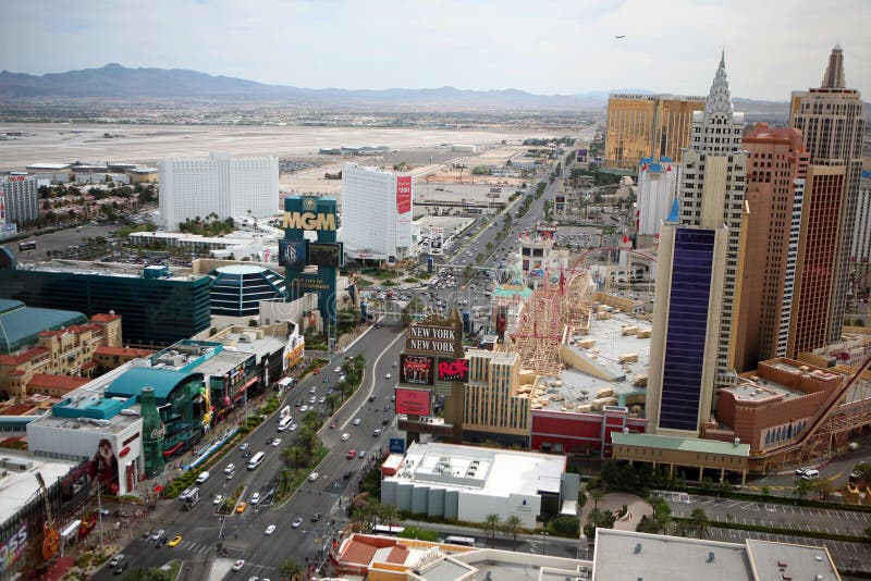 The historic Las Vegas Strip is shown during the day from aerial viewpoint. The historic Las Vegas Strip is shown during the day from aerial viewpoint.