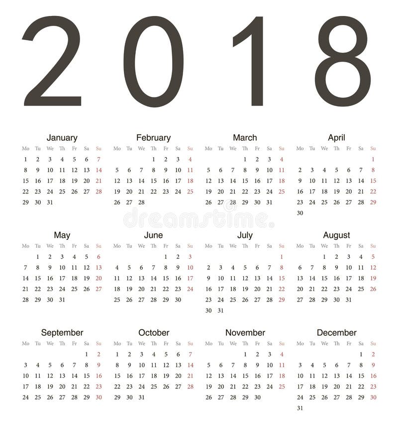 Простой европейский квадратный календарь 2018 иллюстрация вектора Простой европейский квадратный календарь 2018 иллюстрация вектора