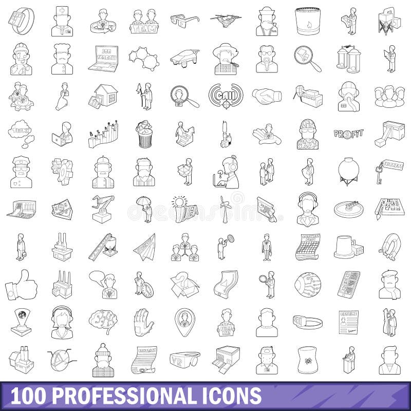 100 professional icons set in outline style for any design vector illustration. 100 professional icons set in outline style for any design vector illustration